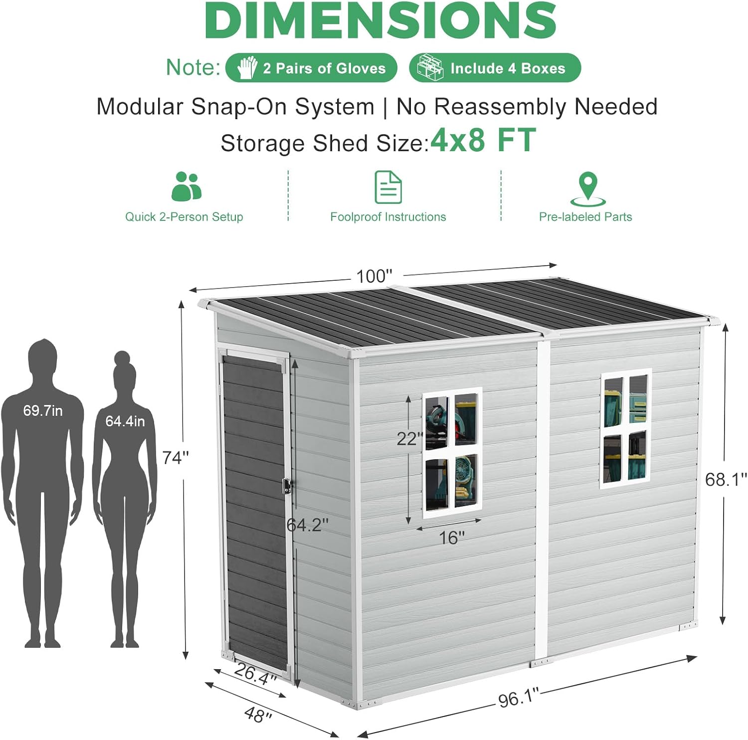 4x8 FT Outdoor Storage Shed with Floor, Upgraded Frame & 16mm Thickened Resin Walls, Space-Saving Lean-to Tool House with 2 Windows & Lockable Single Door for Side Yard