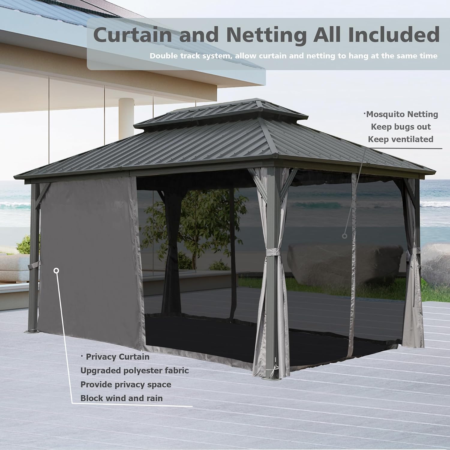 Domi Hardtop Gazebo 10x12FT, Aluminum Outdoor Gazebo with Galvanized Steel Double Roof Canopy, Curtains and Netting Included, Metal Gazebo Permanent Pavilion for Patio, Lawn, Garden, Gray
