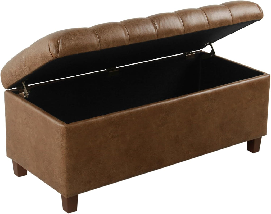 Homepop Home Decor | Button Tufted Storage Bench | Ottoman Bench with Storage for Living Room & Bedroom, Distressed Brown Faux Leather