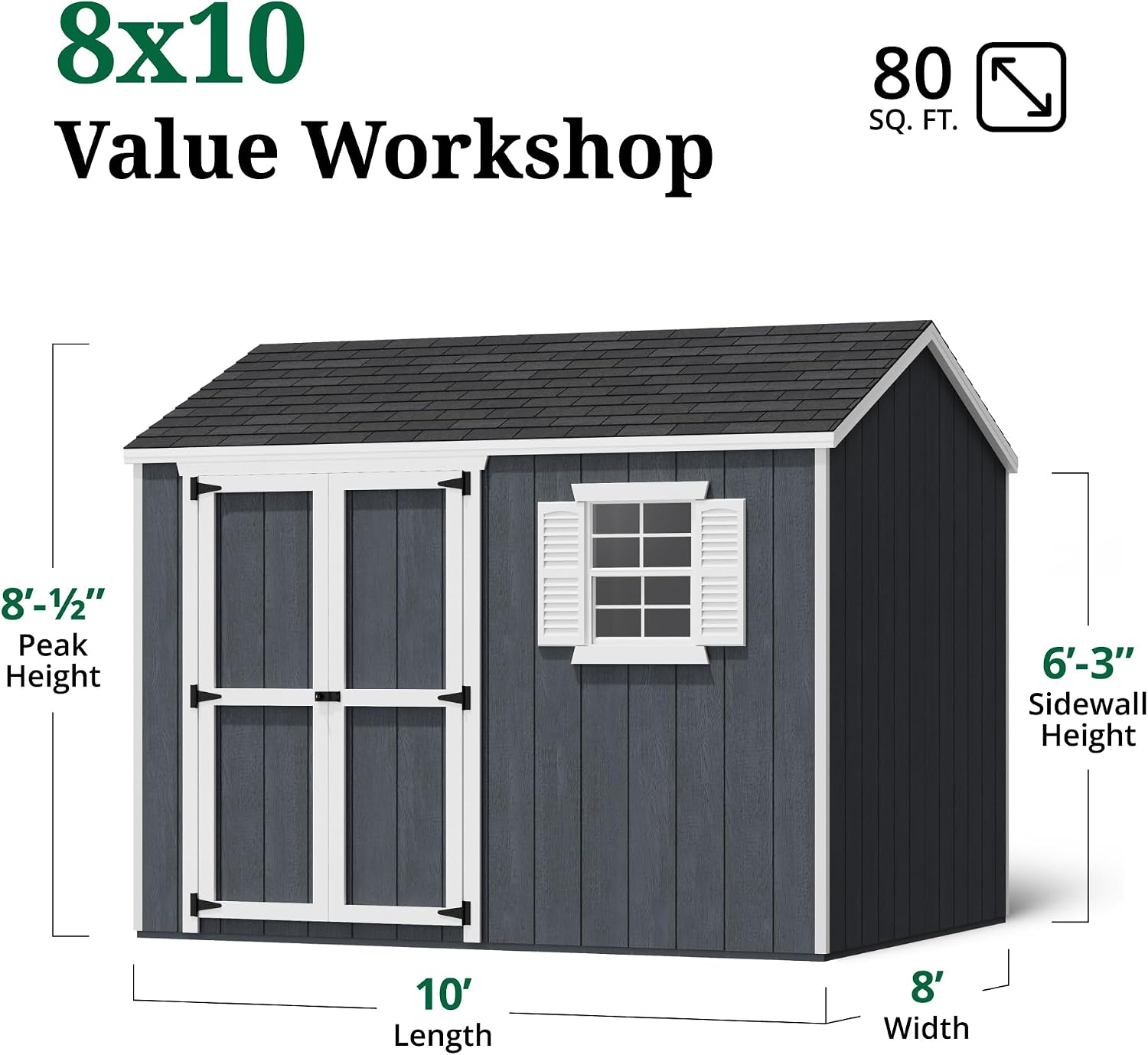 Little Cottage Co. 8x10 Value Workshop Shed with Operable Windows and Floor, Outdoor Wood Storage Do-It-Yourself Precut Kit