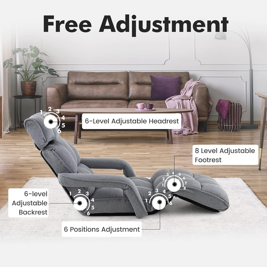Moccha Floor Chairs for Adults, Adjustable 6-Position Floor Lounger w/Adjustable Armrests, Backrest & Footrest, No Assembly Folding Lazy Sofa Chair for Gaming, Light Weight Chaise Lounge
