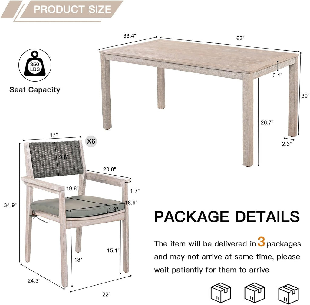 7 Piece Patio Dining Sets, Outdoor Acacia Wood Table and Wicker Back Chairs with Cushions, All Weather Patio Furniture Set for Lawn, Porch, Deck, Yard & Poolside