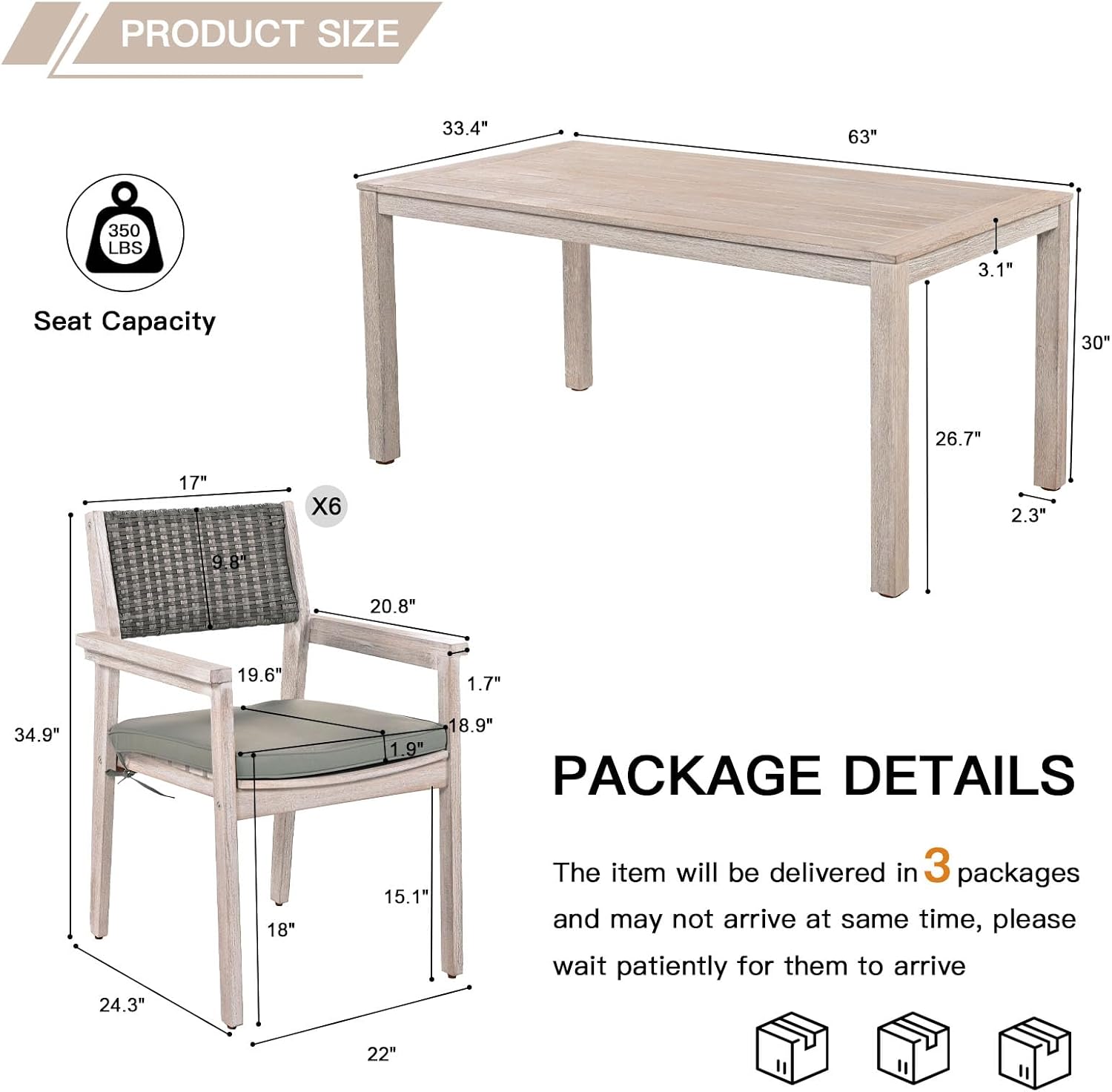 7 Piece Patio Dining Sets, Outdoor Acacia Wood Table and Wicker Back Chairs with Cushions, All Weather Patio Furniture Set for Lawn, Porch, Deck, Yard & Poolside