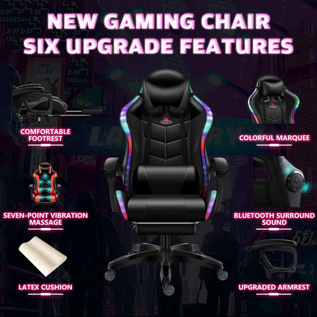 Gaming Chair with LED Light, Full Massage Gaming Chair with Speakers, Ergonomic Pro Computer Gaming Chairs for Adults with footrest Lumbar Support and Backrest Adjustable,B