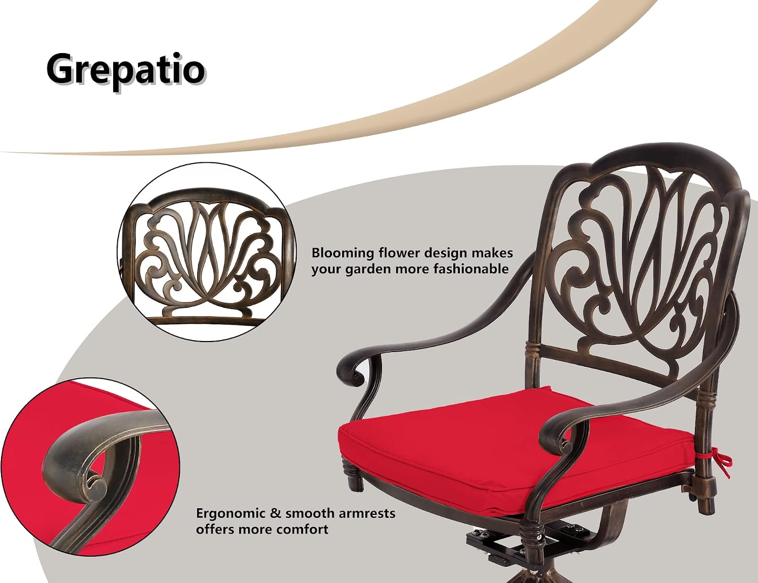 Grepatio 5 Piece Outdoor Dining Set Cast Aluminum Patio Dining Set Table and Chairs Outside Furniture 4 Swivel Chairs with Cushion and 1 Umbrella Round Dining Table for Lawn Garden Patio (Red)