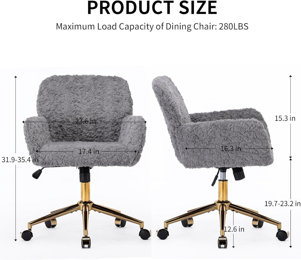 Faux Fur Makeup Vanity Chair, Comfy Fuzzy Home Office Desk Chair with Wheels & Gold Base, Upholstered Adjustable Swivel Office Chair for Teens Girls Women Home Office, Grey