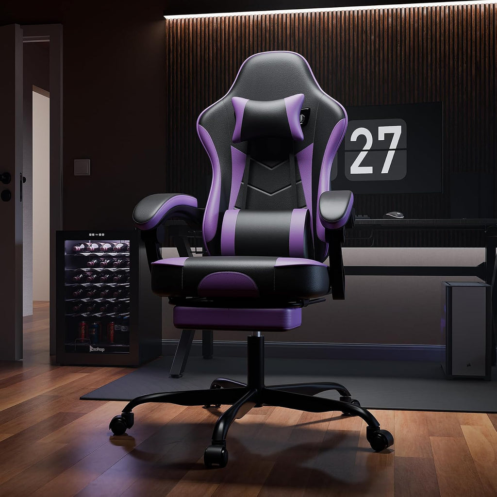 Gaming Chair with Footrest, Ergonomic Computer Chair with Headrest and Lumbar Support, Breathable Material Height Adjustable Swivel Video Game Chairs for Adults, 300lbs Max, Black & Purple