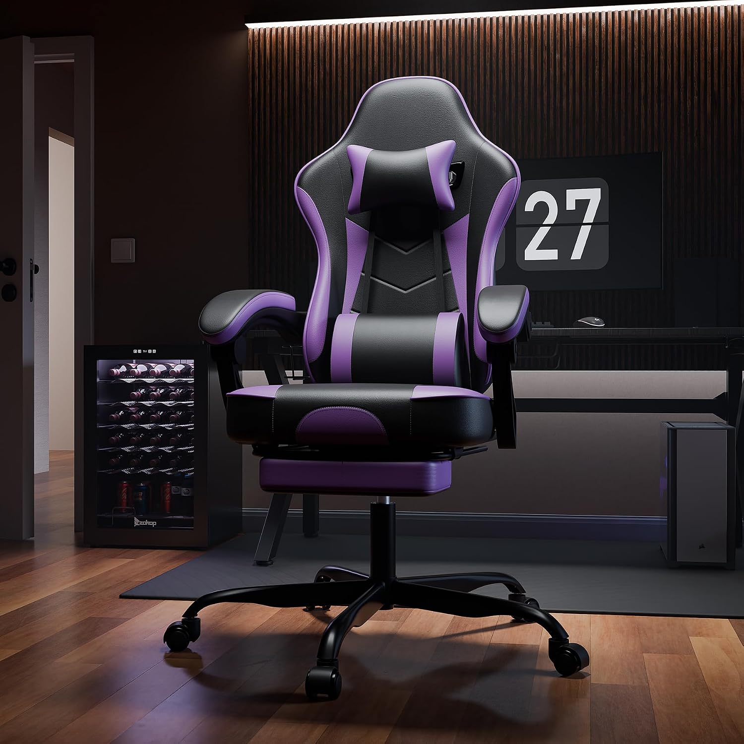 Gaming Chair with Footrest, Ergonomic Computer Chair with Headrest and Lumbar Support, Breathable Material Height Adjustable Swivel Video Game Chairs for Adults, 300lbs Max, Black & Purple