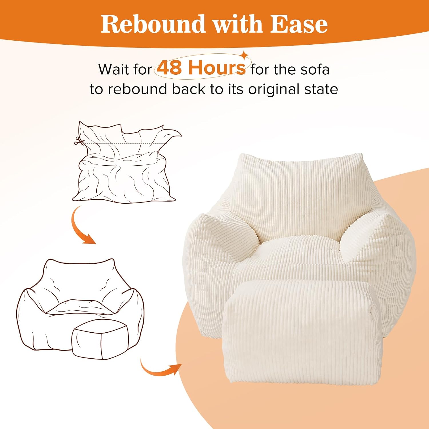 Big Bean Bag Chair for Adults, Ultra Soft Living Room Bean Bag with Armrests & Ottoman, Stuffed BeanBag Chair for Napping, Gaming, Vacuum-Compressed for Easy Gifting, 48h to Expand Beige