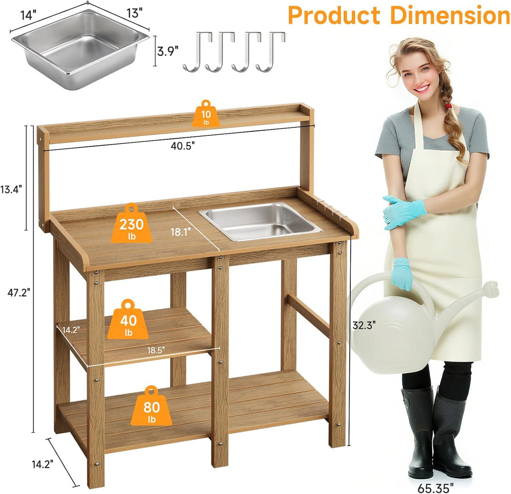 ONBRILL Potting Bench, Outdoor Potting Bench Table with Removable Sink, HDPS Potting Benches for Outside, Garden Table with Storage Shelves & 4 Side Hooks, No Rot, No Fade, No Break, 360lbs Capacity