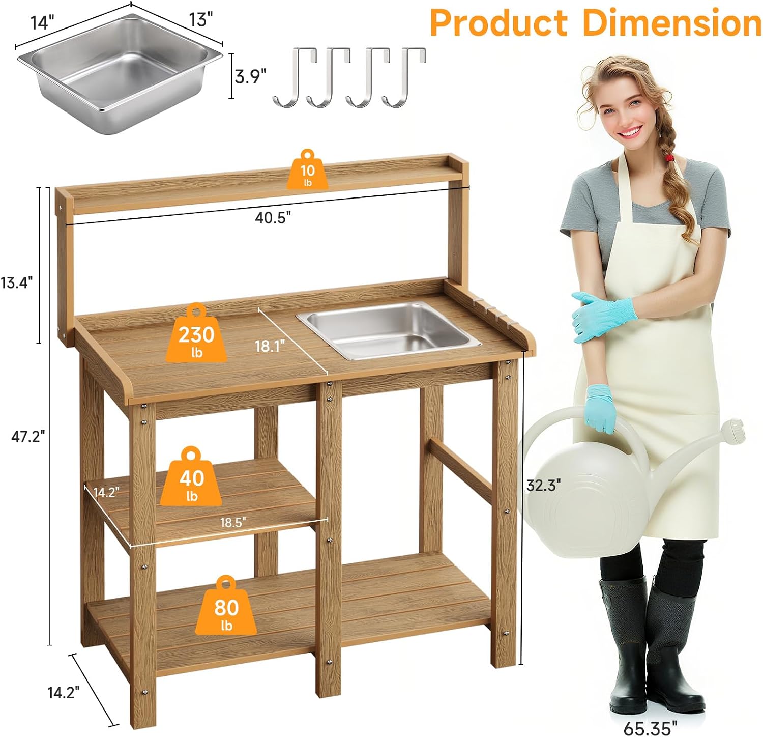 ONBRILL Potting Bench, Outdoor Potting Bench Table with Removable Sink, HDPS Potting Benches for Outside, Garden Table with Storage Shelves & 4 Side Hooks, No Rot, No Fade, No Break, 360lbs Capacity