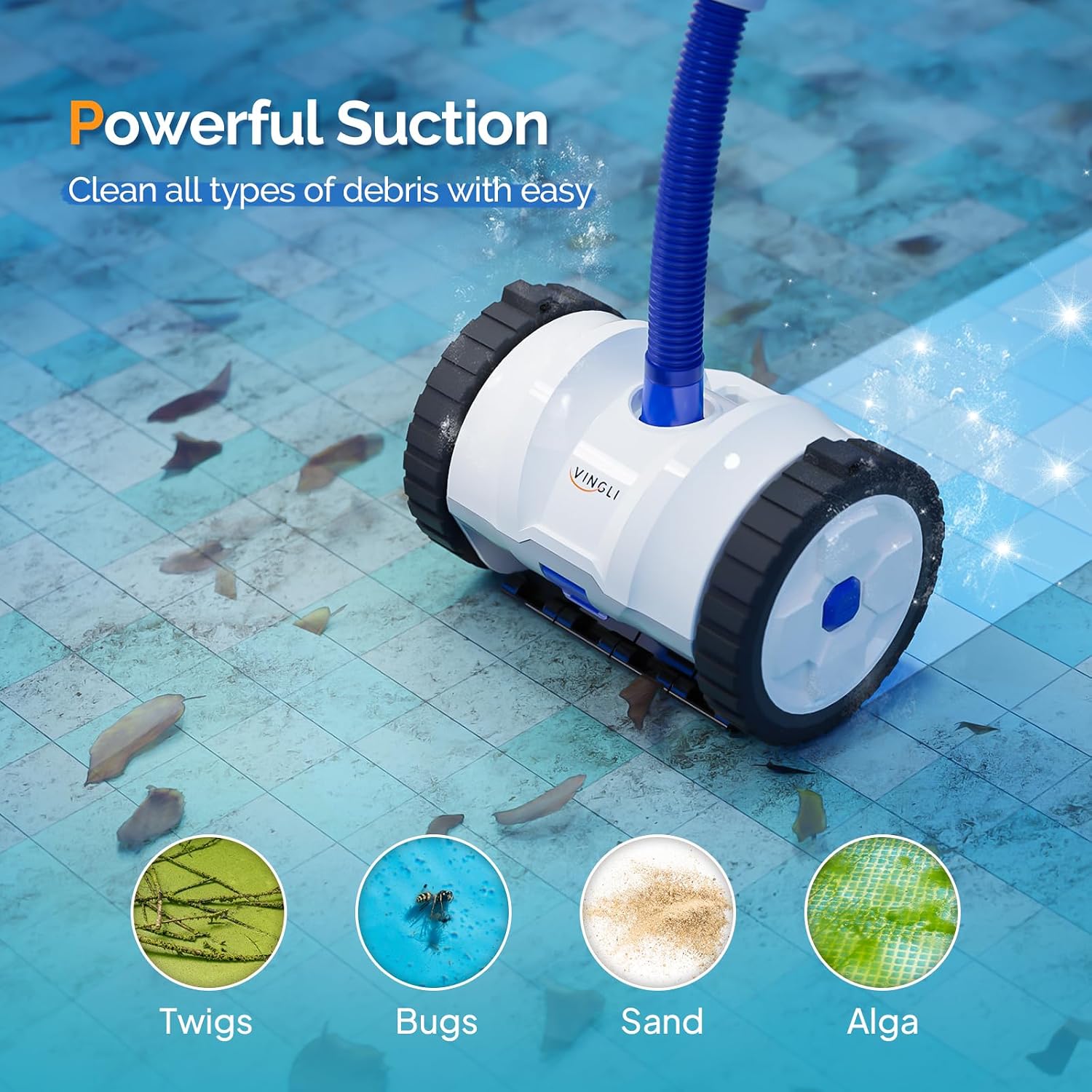 VINGLI Pool Vacuum Cleaner, Suction Side Wall-Climbing Sweeper for Ground&Inground Pools, Automatic Pool Vacuum with 39.6ft Tangle-Free Hose (Navy Blue&White)