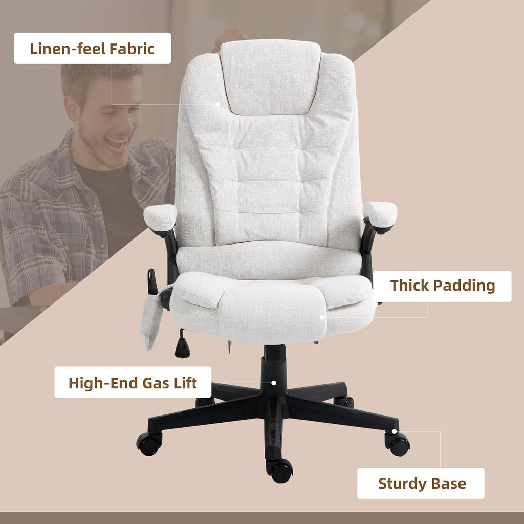 Vinsetto 6 Point Vibrating Massage Office Chair with Heat, Linen High Back Executive Office Chair with Reclining Backrest, Padded Armrests and Remote, Cream White