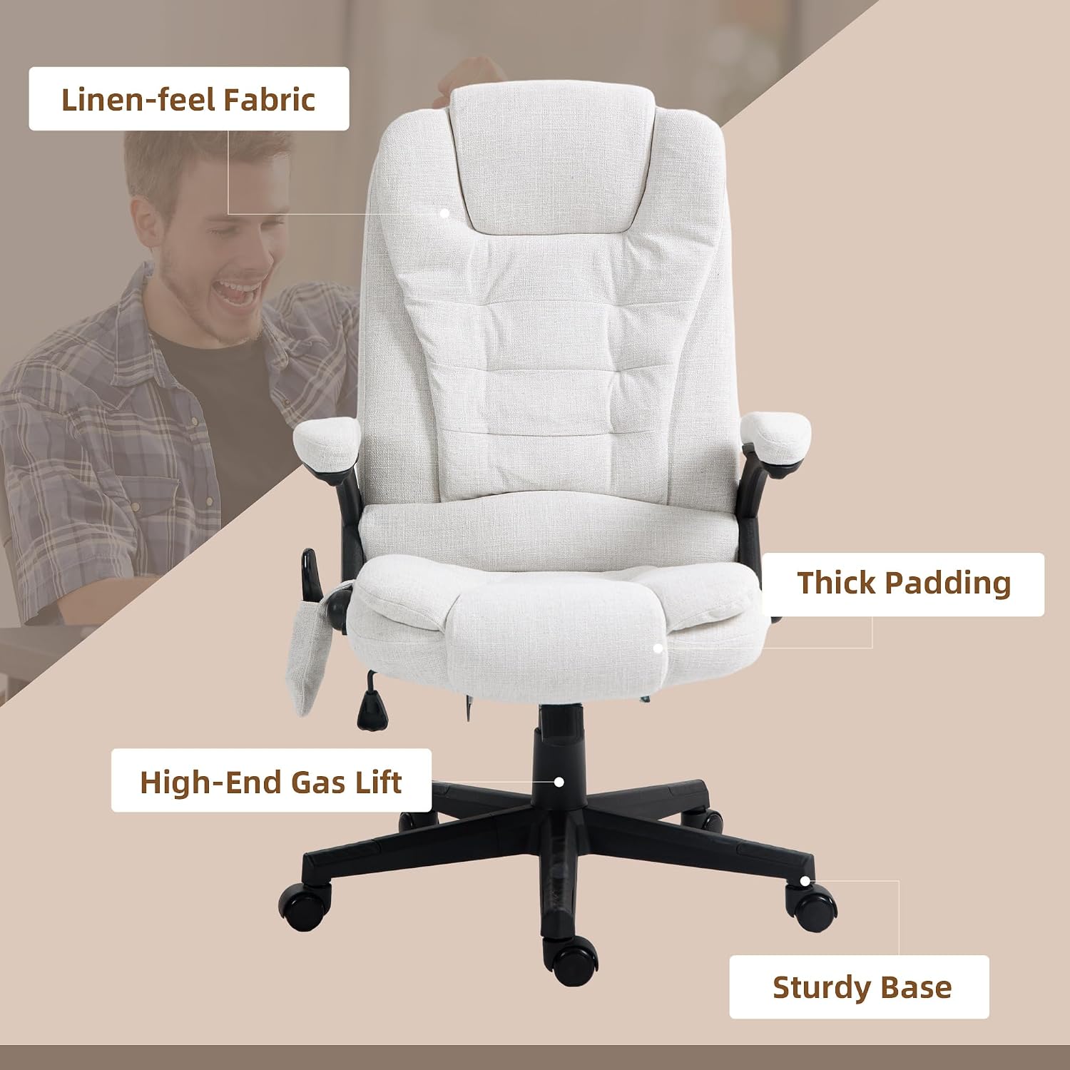 Vinsetto 6 Point Vibrating Massage Office Chair with Heat, Linen High Back Executive Office Chair with Reclining Backrest, Padded Armrests and Remote, Cream White