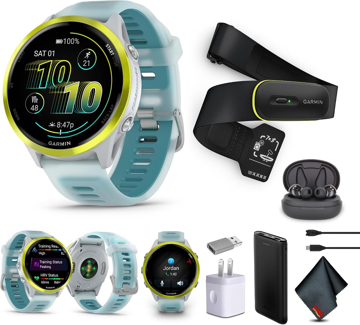 Garmin Forerunner 570 Running Smartwatch, 47MM WiFi, GPS Fitness Watch for Men and Women, Amp Yellow Aluminum with Translucent Whitestone/Turquoise Band + Access 600 Fitness Monitor, XS-S + More