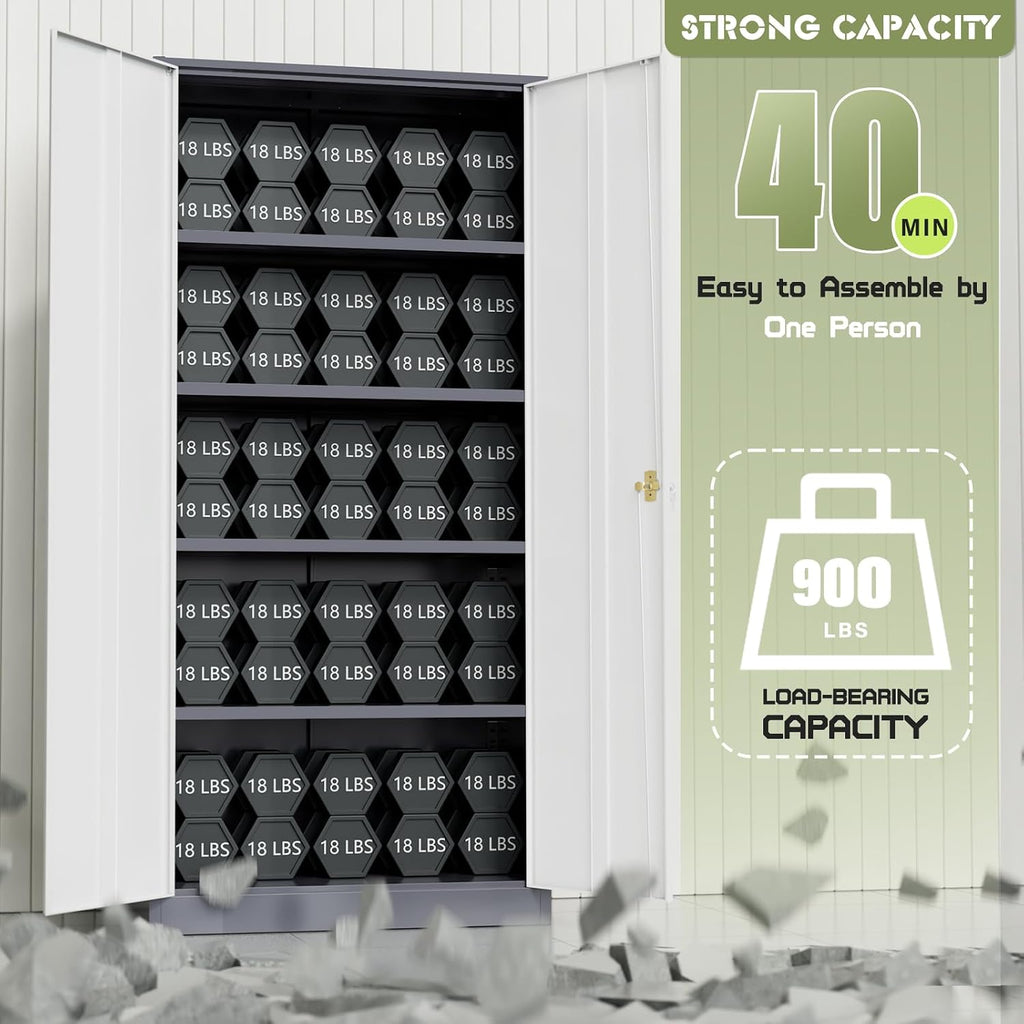 Incbruce Patio Metal Storage Cabinets, 72' H x16 D Outdoor Tool Shed with Doors and Adjustable Shelves for Home, Patio, Office (Grey White)