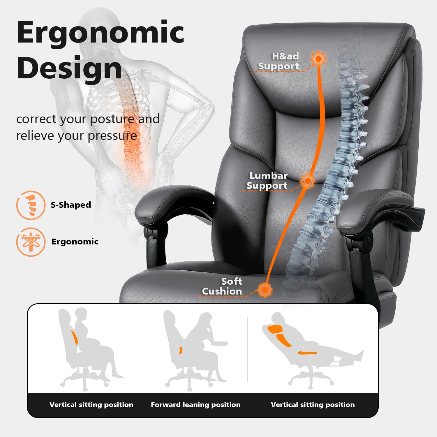 WAILOR 400lbs Office Chair with Foot Rest, Reclining Big and Tall Office Chair with Lumbar Support, High Back PU Leather Computer Chair,Comfy Desk Chair for Home Office (Gray)