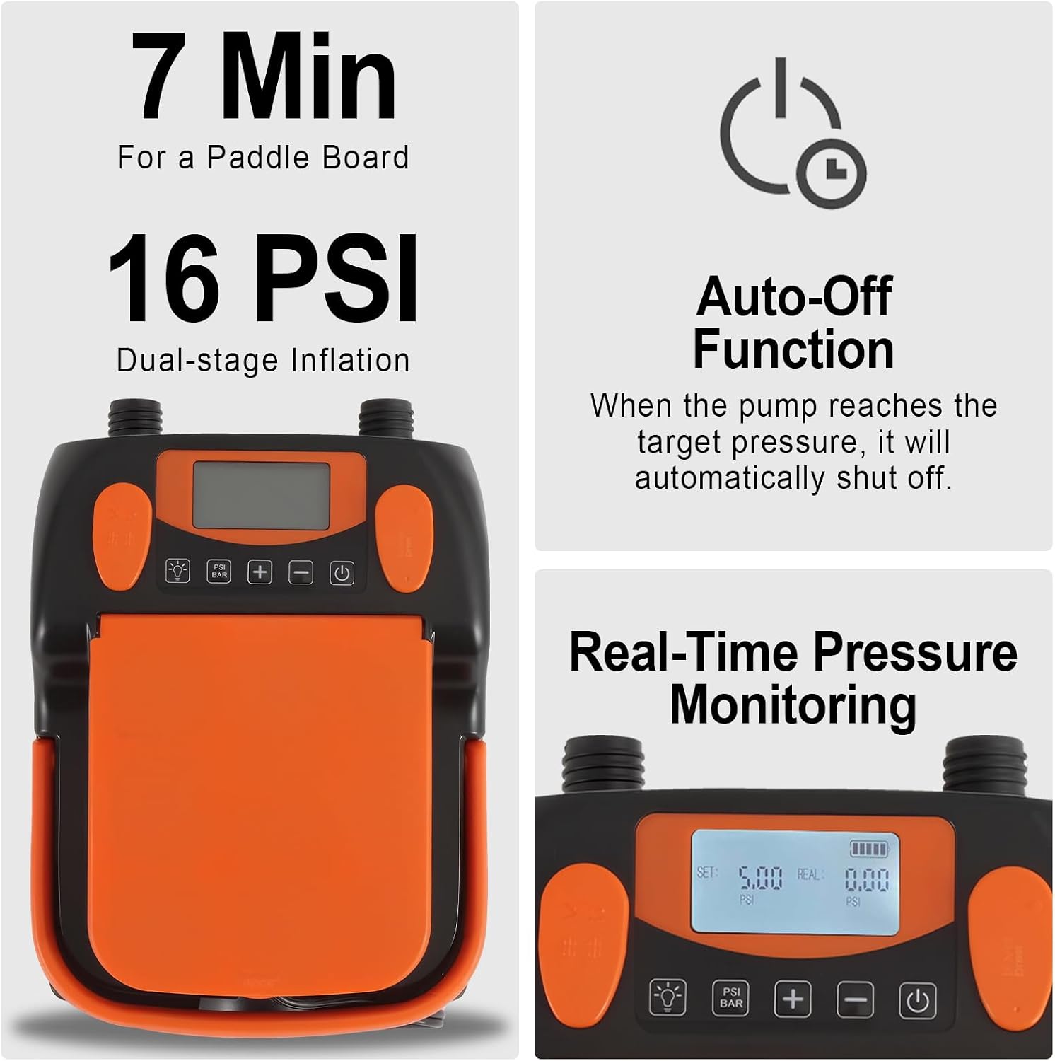 Rechargeable Paddle Board Pump - 16PSI Electric Portable SUP Pump with Battery, Portable Air Pump for Inflatable Tents, Paddle Boards, Kayaks with Inflate and Deflate Function
