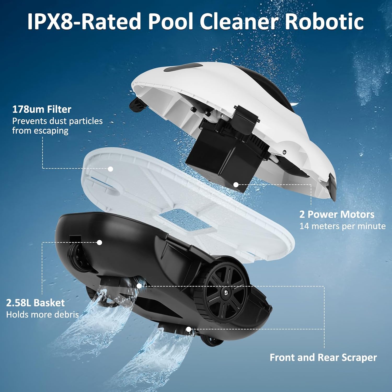130 Mins Runtime Cordless Robotic Pool Cleaner Portable Lightweight Automatic Vacuum Self-Parking 5200mAH Fast Charging Powerful for Above-Ground Swimming Pool up to 861Sq.ft (White)