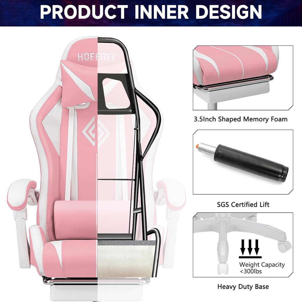 HOFFREE Gaming Chair Massage with Bluetooth Speakers Ergonomic Computer Gaming Chair with LED RGB Lights Footrest High Back Music Video Game Chair with Lumbar Support White and Pink