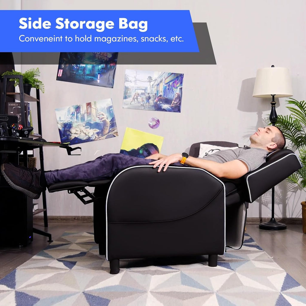 GYMAX Gaming Recliner, Massage Gaming Chair with Adjustable Backrest Footrest, Remote Control & Side Pocket, Ergonomic Game Lounge Chair, Racing Style Single Theater Seat Game Sofa for Adults (White)