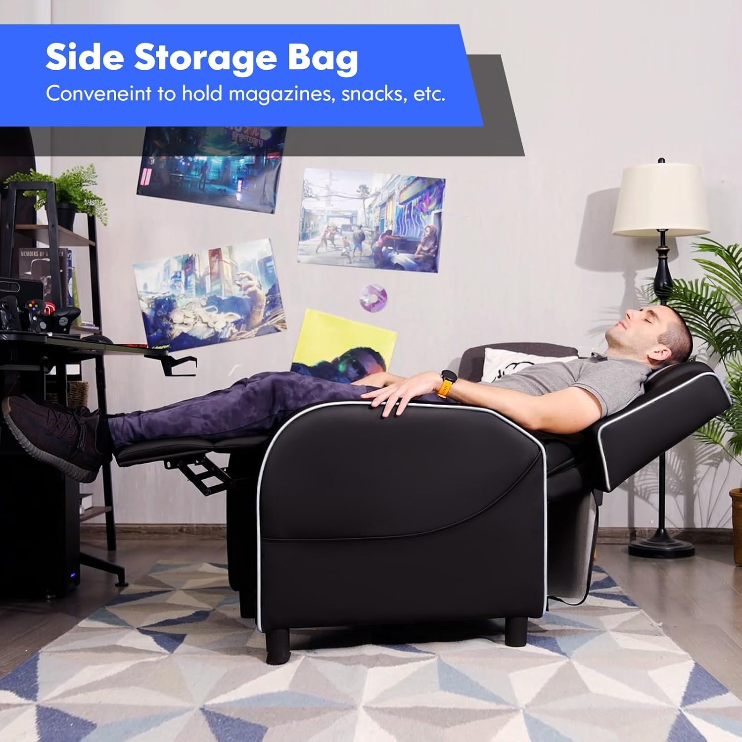 GYMAX Gaming Recliner, Massage Gaming Chair with Adjustable Backrest Footrest, Remote Control & Side Pocket, Ergonomic Game Lounge Chair, Racing Style Single Theater Seat Game Sofa for Adults (White)