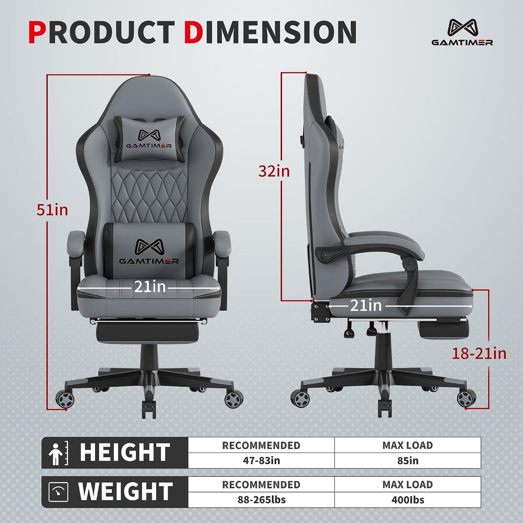 Gamtimer Gaming Chair with Footrest, Ergonomic Computer Chair, PU Breathable Material with Headrest and Lumbar Support, Suitable for Silla Gamer and Adults（Grey）
