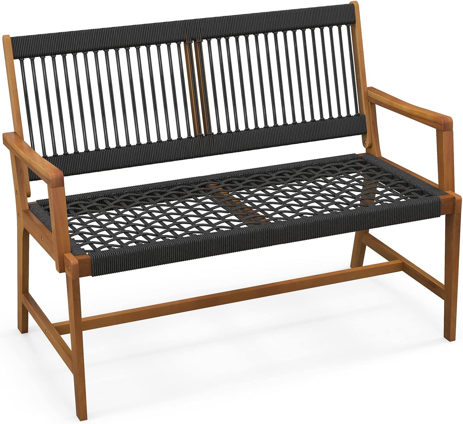 Tangkula Outdoor Acacia Wood Bench, All-Weather Rope Woven Garden Bench with Backrest and Armrests, 2-Person Patio Bench for Porch, Backyard, 705 Lbs Max Load