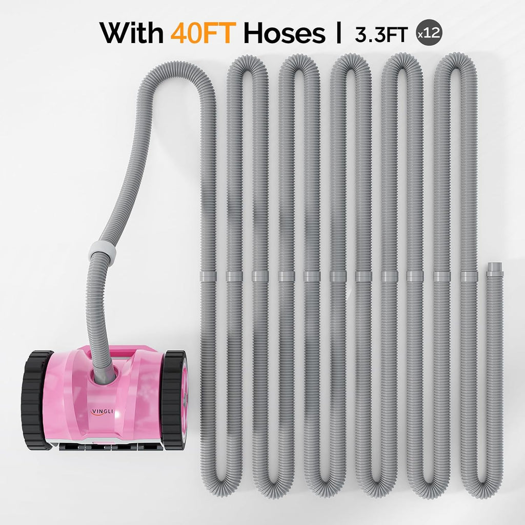 (2025 Upgrade) VINGLI Automatic Suction-Side Pool Vacuum Cleaner, Powerful Wall-Climbing Sweeper for Inground Pools, Includes 39.6ft Tangle-Free Hose (Pink&Gray)