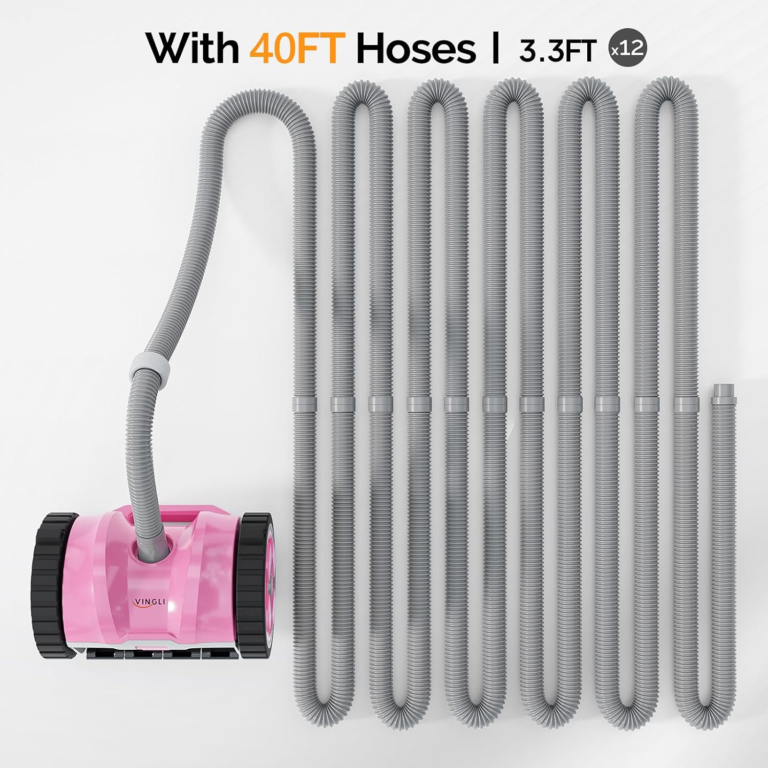 (2025 Upgrade) VINGLI Automatic Suction-Side Pool Vacuum Cleaner, Powerful Wall-Climbing Sweeper for Inground Pools, Includes 39.6ft Tangle-Free Hose (Pink&Gray)