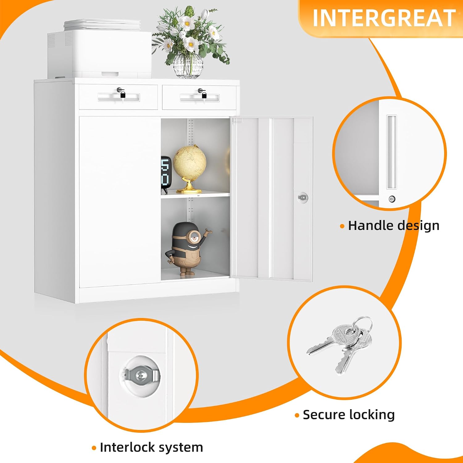 INTERGREAT Metal Storage Cabinet with Drawers, 36'H Lockable Office Storage Cabinets with 2 Doors and Adjustable Shelves, White Steel File Cabinet for Home Office, Garage, School, Apartment(White)