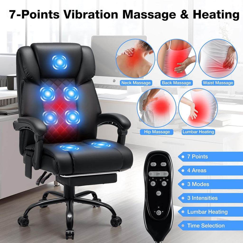 HOFFREE Massage Office Chair with Heat 7 Points Vibration Ergonomic Executive Office Chair with Footrest Reclining High Back Home Office Desk Chairs Black