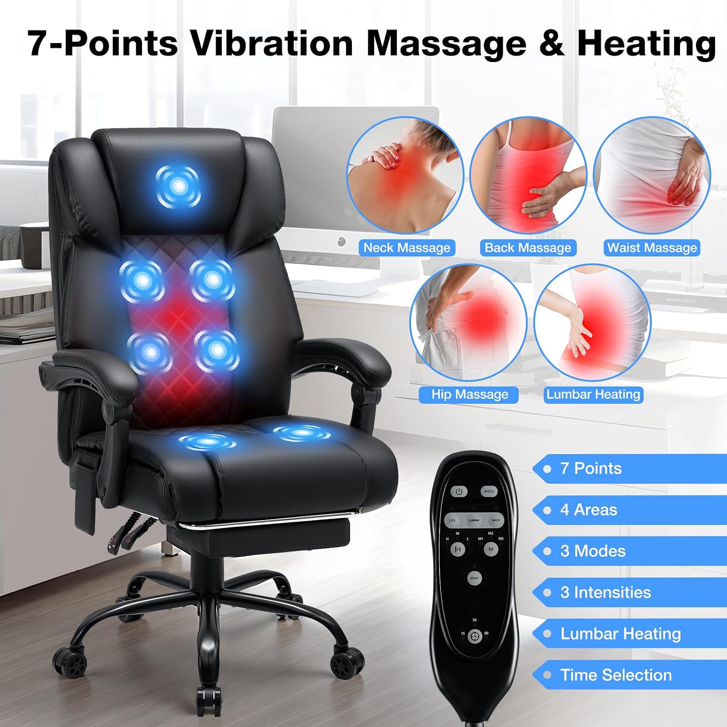 HOFFREE Massage Office Chair with Heat 7 Points Vibration Ergonomic Executive Office Chair with Footrest Reclining High Back Home Office Desk Chairs Black