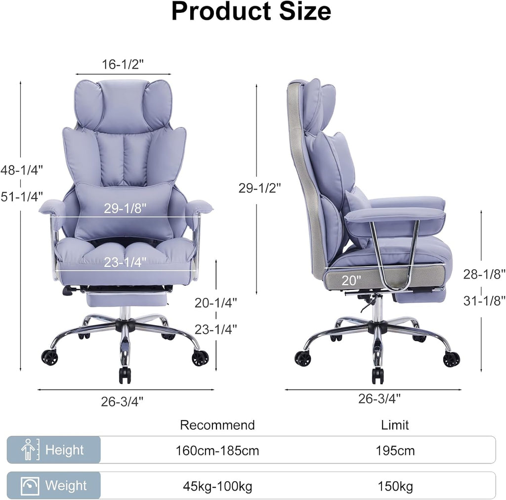 Efomao Executive Office Chair for Heavy People, High Back Computer Chair with Foot Rest, Height Adjustable PU Leather Office Chair,Big and Tall Office Chair (Purple)