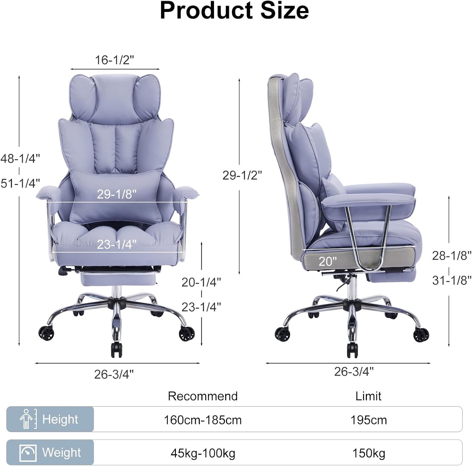 Efomao Executive Office Chair for Heavy People, High Back Computer Chair with Foot Rest, Height Adjustable PU Leather Office Chair,Big and Tall Office Chair (Purple)