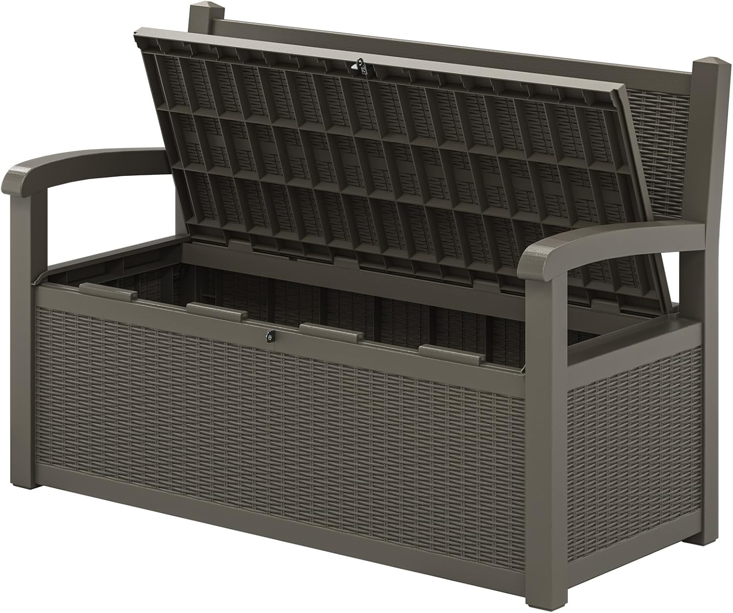 70 Gallon Lockable Outdoor Storage Bench with Armrests | Waterproof Resin Deck Box for Porch, Patio, Pool | Easy to Assemble & Clean - Gray