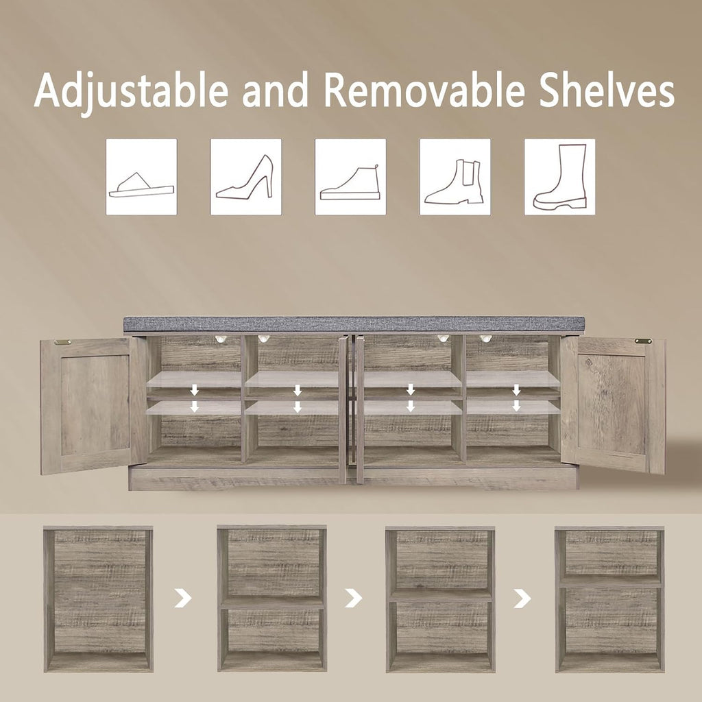 DINZI LVJ Shoe Bench, Entryway Storage Bench with Doors, Cushion, 2-Tier Shoe Rack with 8-Cubby, 47.2'L x 13.8'W Shoe Organizer Cabinet, Adjustable Shelf, Living Room, Bedroom, Gray Wash