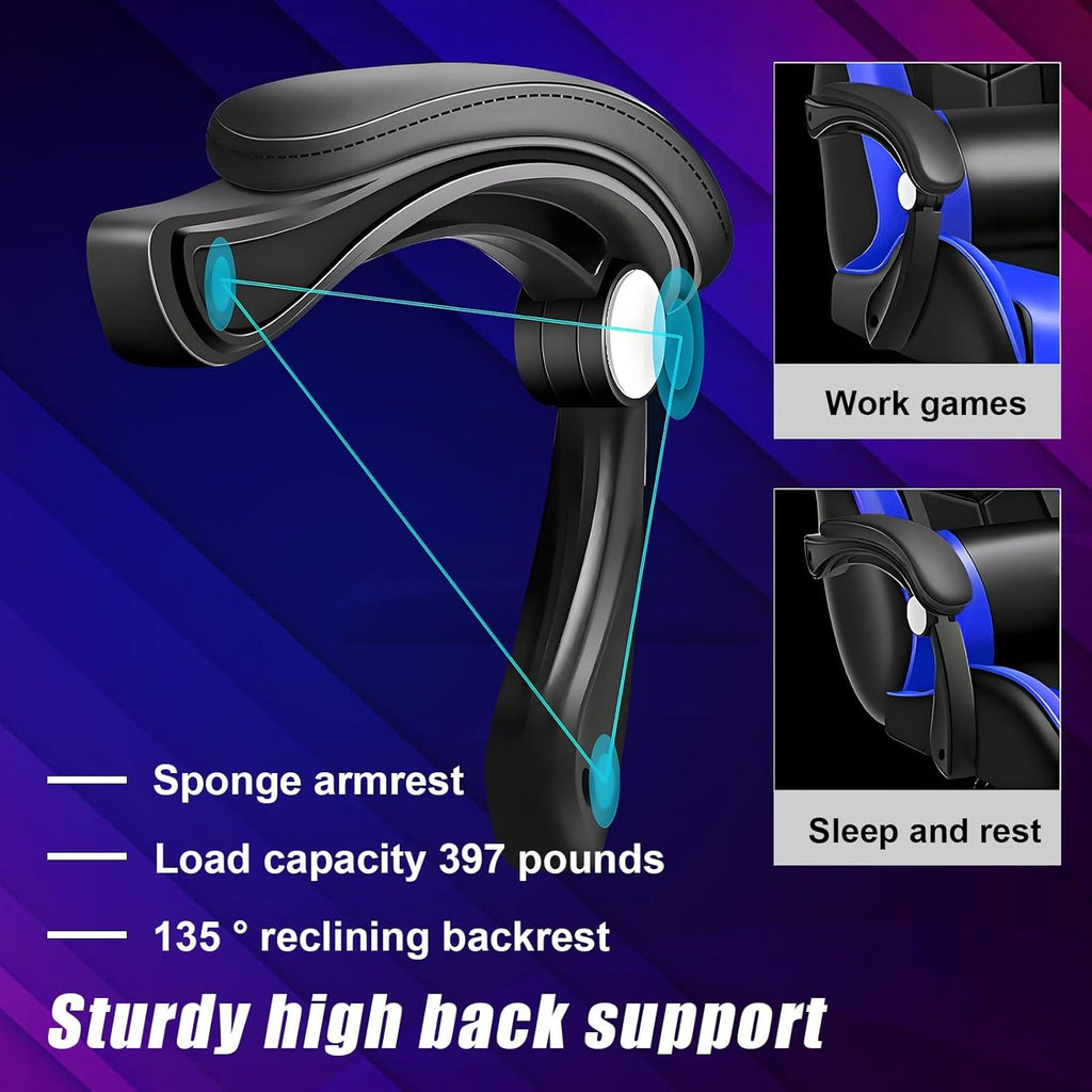 Gaming Chair, Office Chair with Foot Rest, Pocket Spring Cushion, Speakers Ergonomic Chair Massage Chair Multiple Led Light Gaming Chairs for Adults 350lbs Black Blue