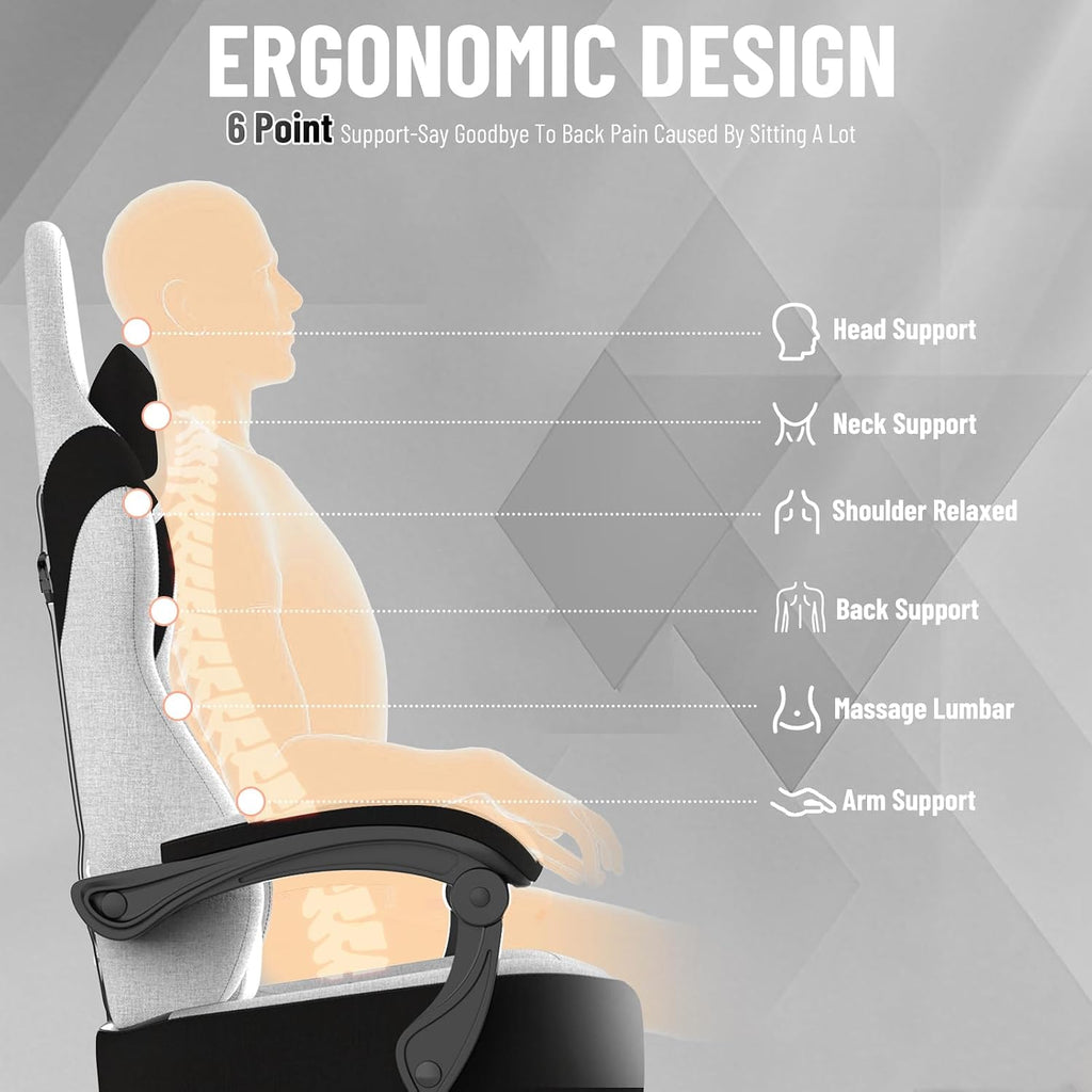 Ferghana Cotton Fabric Gaming Chair with Wider Seat Cushion, Shield-Shaped Embroidery Ergonomic High Back Game Chair with Footrest, Computer Chair with Massage Lumbar Support for Adult, White
