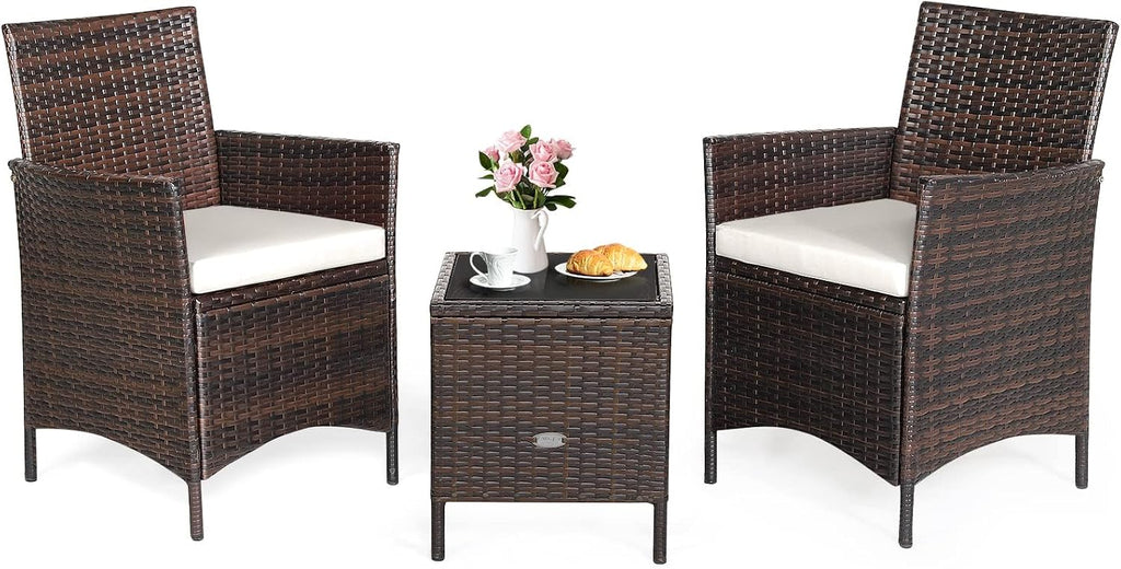 HAPPYGRILL 3 Pieces Rattan Patio Bistro Set, PE Wicker Furniture Set Outdoor Conversation Set with Coffee Table & Soft Cushions Porch Furniture Set for Garden Lawn Poolside Backyard