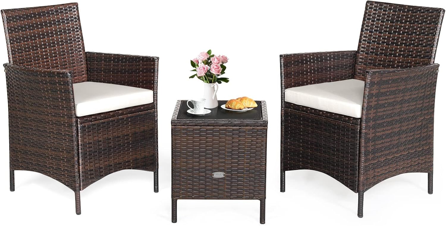 HAPPYGRILL 3 Pieces Rattan Patio Bistro Set, PE Wicker Furniture Set Outdoor Conversation Set with Coffee Table & Soft Cushions Porch Furniture Set for Garden Lawn Poolside Backyard