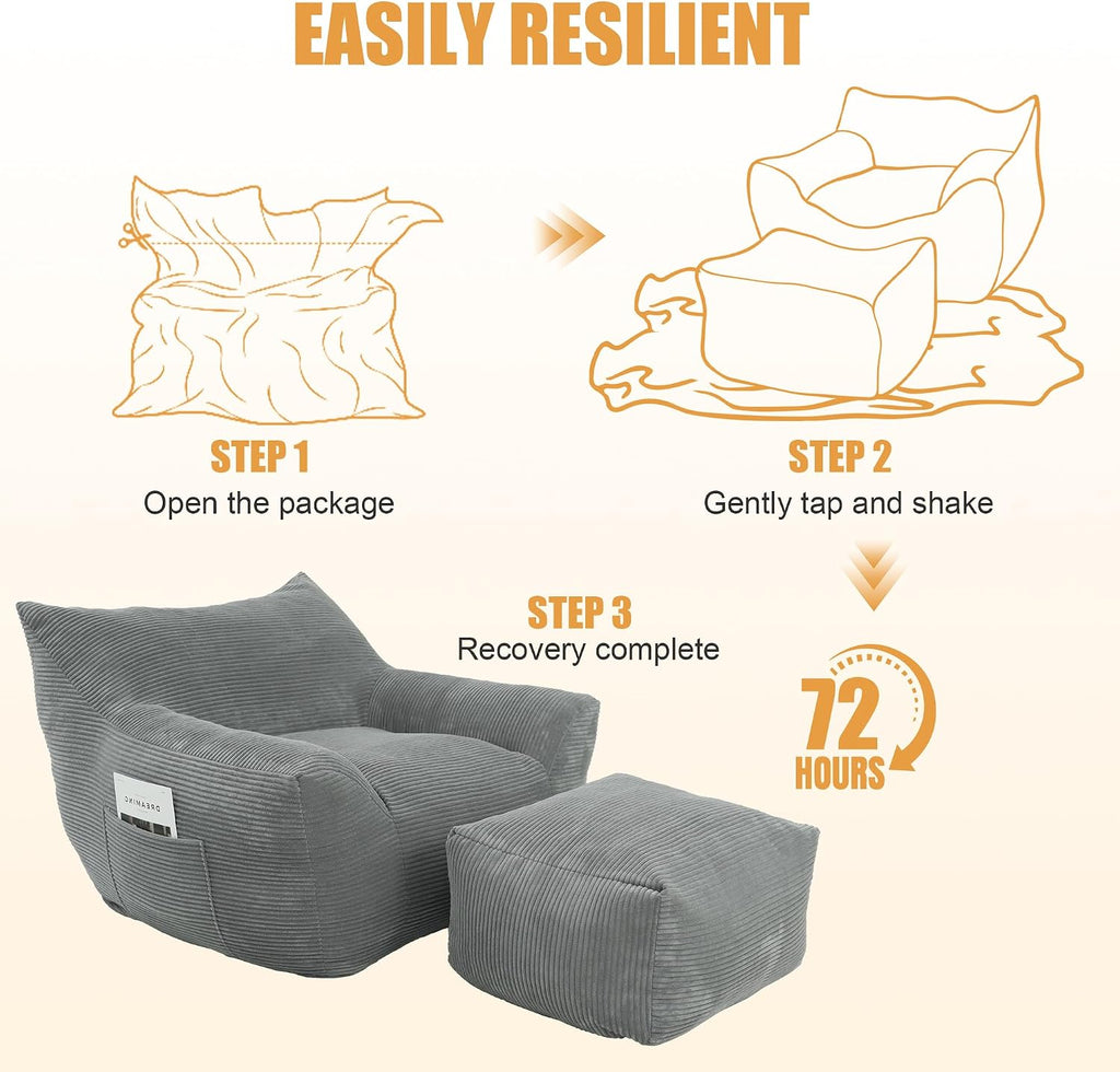 Giant Bean Bag Chair with Ottoman, Comfy Bean Bag Couch with 2 Side Pocket, Corduroy Boneless Couch Chair in a Box, Stuffed Lounge Floor Sofa for Dorm, Bedroom, Living Room, Gray