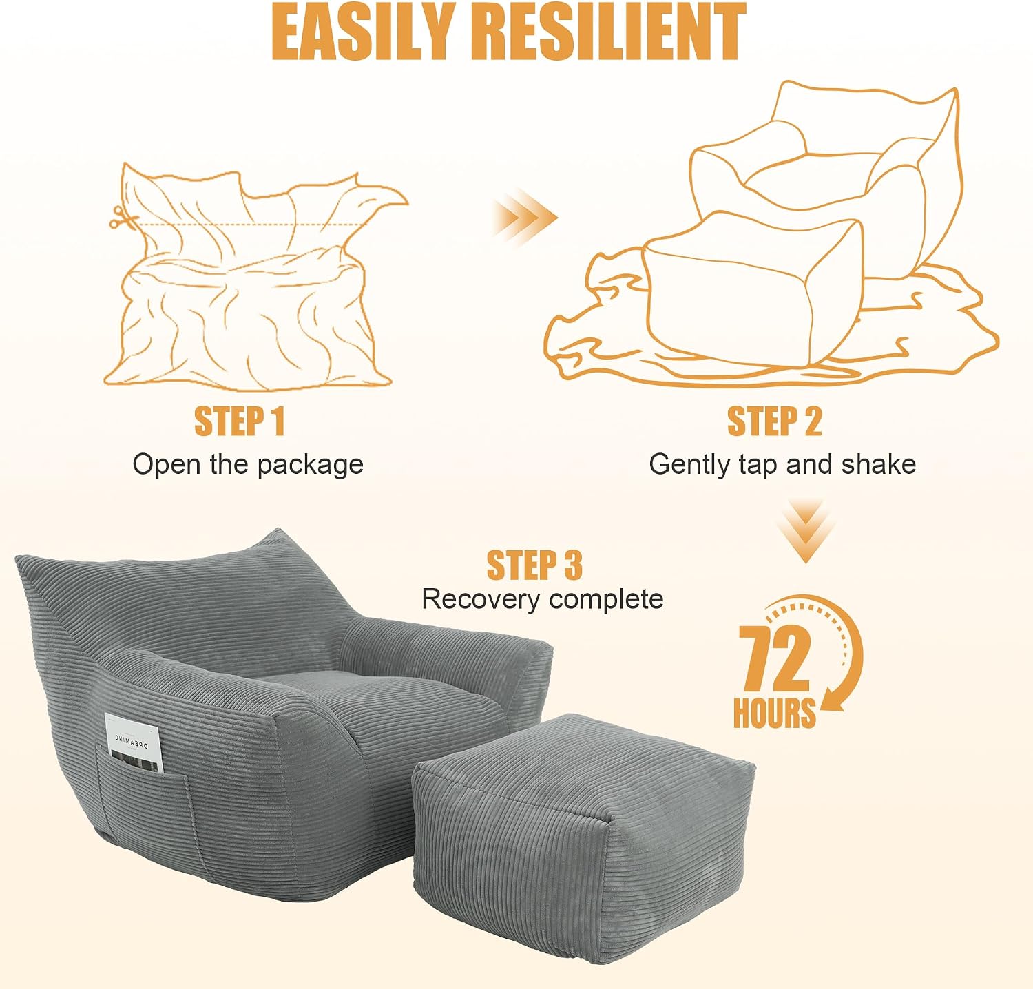 Giant Bean Bag Chair with Ottoman, Comfy Bean Bag Couch with 2 Side Pocket, Corduroy Boneless Couch Chair in a Box, Stuffed Lounge Floor Sofa for Dorm, Bedroom, Living Room, Gray
