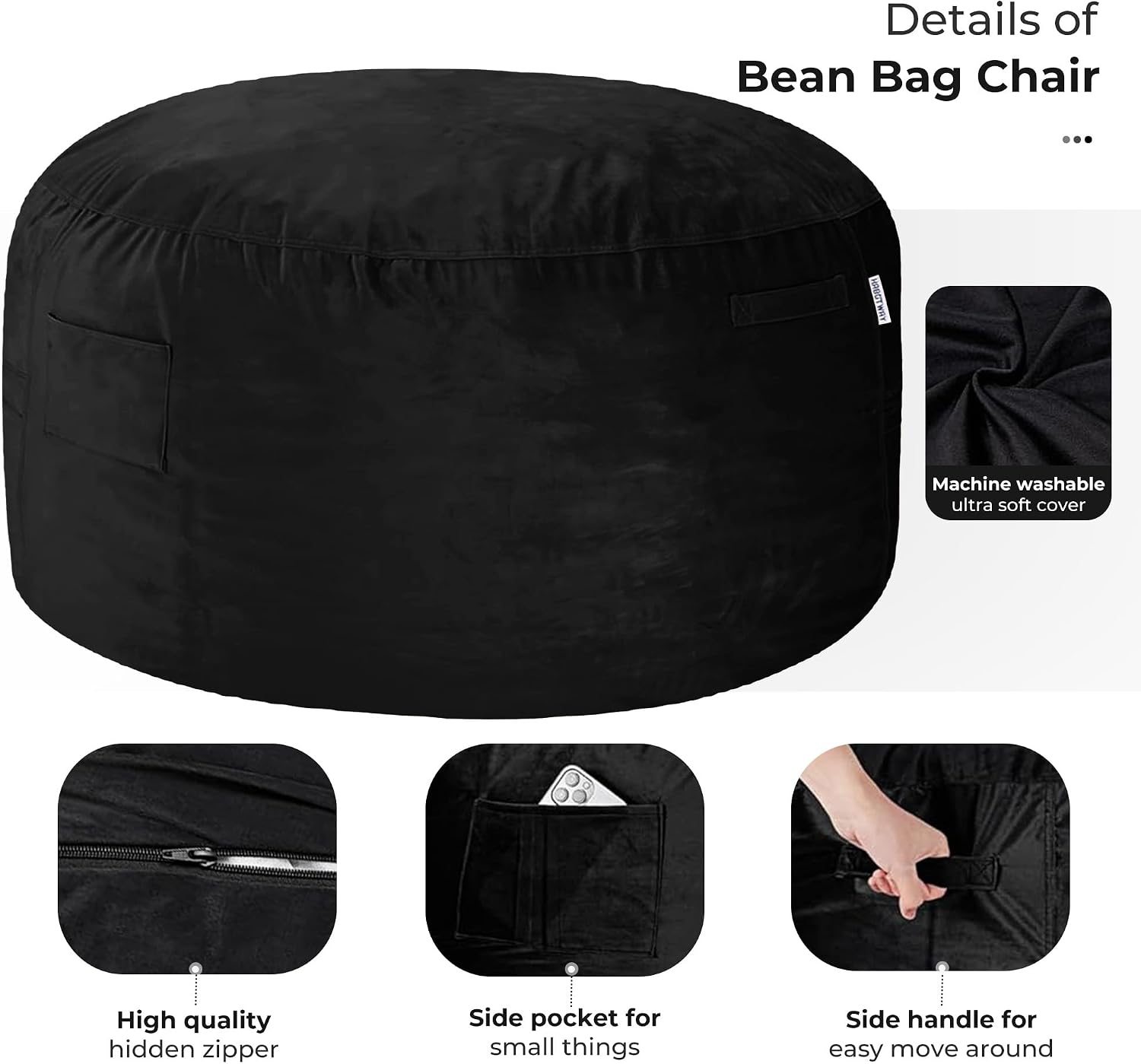 HABUTWAY Bean Bag Chair: Giant 5' Memory Foam Furniture Bean Bag Chairs for Adults with Microfiber Cover 5Ft (Black)