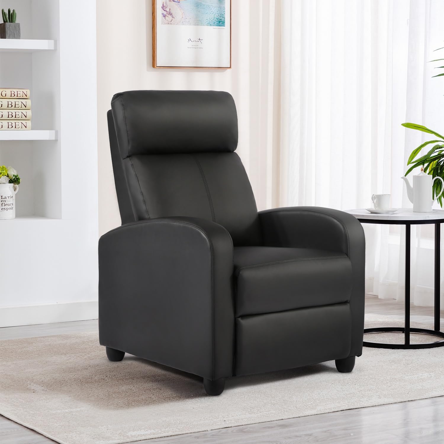 BestMassage | Recliner Chair | No Massage Function | Leather Black | with Lumbar Support, Adjustable Push Back, Wide Armrests, Footrest & Padded Seat | Easy Assembly | for Living Room, Home Theatre