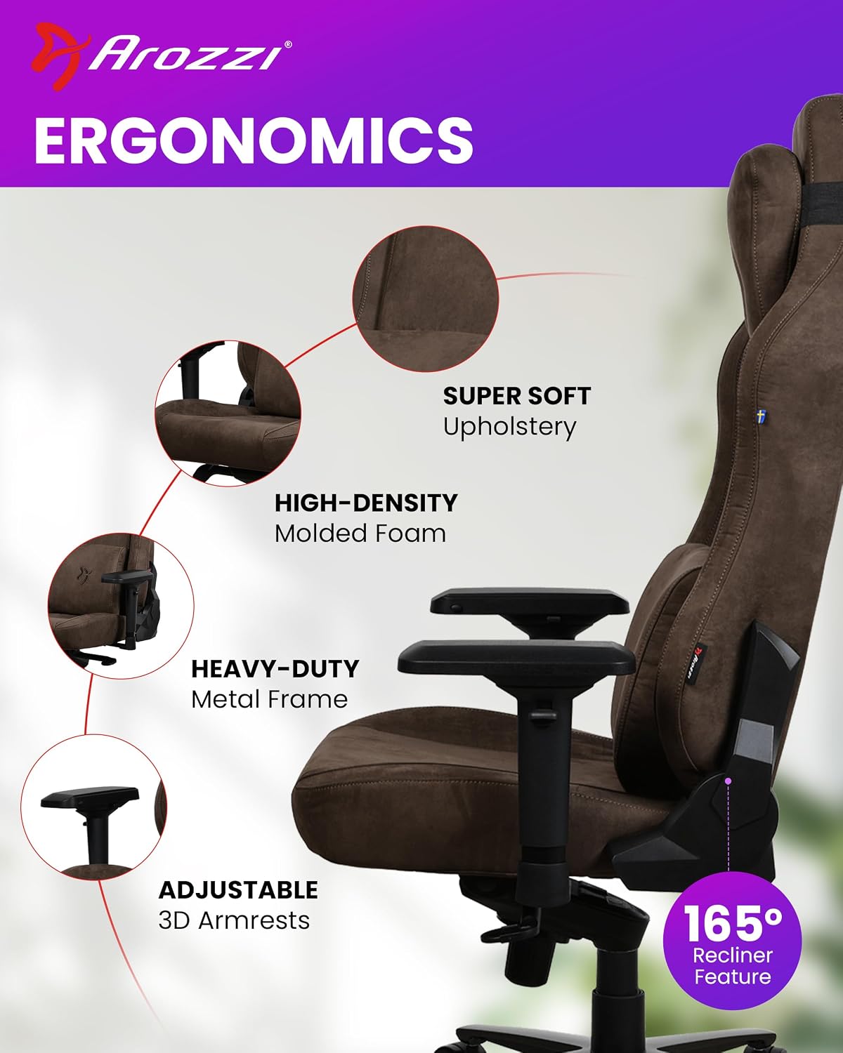 Arozzi Vernazza Supersoft Upholstery Material has a Unique Velvety Texture that is Fluid-Repellant and Breathable with Memory Foam Lumbar Support and 4D Armrest for Office and Gaming Chair - Brown