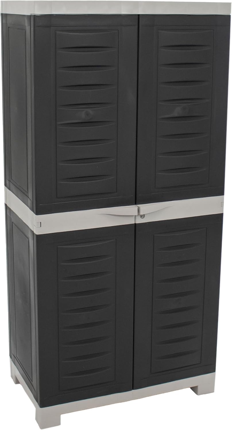 Sunnydaze 48' H Resin Garage Storage Cabinet - Garage Cabinet with Lockable Doors and 3 Adjustable Shelves - Freestanding Utility Storage for Laundry Room, Office, Basement - Charcoal