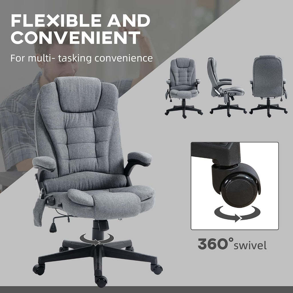 Vinsetto 6 Point Vibrating Massage Office Chair with Heat, Linen High Back Executive Office Chair with Reclining Backrest, Padded Armrests and Remote, Gray