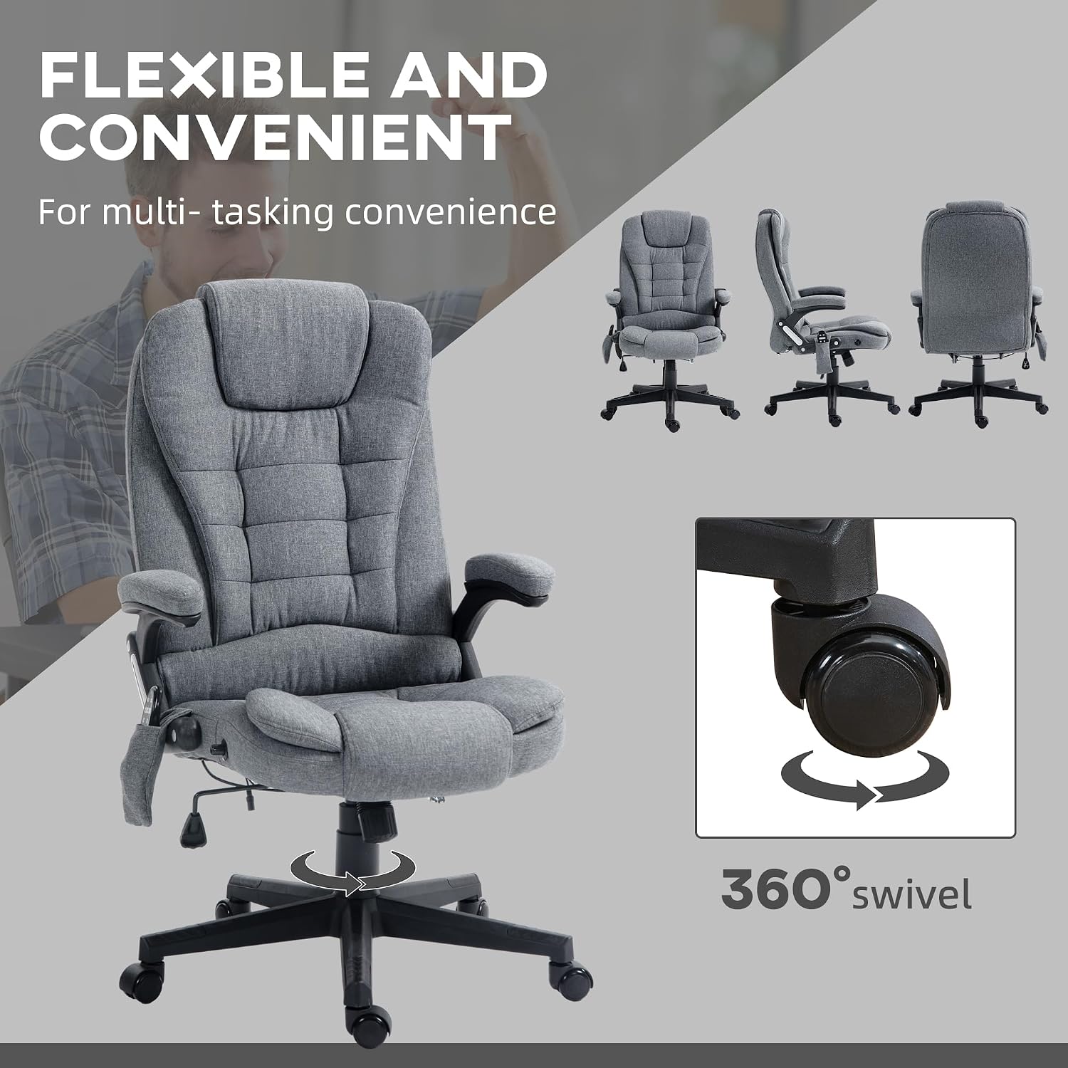 Vinsetto 6 Point Vibrating Massage Office Chair with Heat, Linen High Back Executive Office Chair with Reclining Backrest, Padded Armrests and Remote, Gray