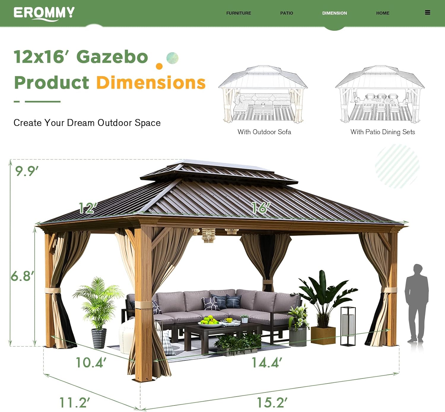 EROMMY 12'x16' Hardtop Gazebo, Wood Grain Aluminum Frame Outdoor Gazebo with Galvanized Steel Roof, Permanent Metal Pavilion with Curtains and Nettings for Patio, Backyard, Deck and Lawns